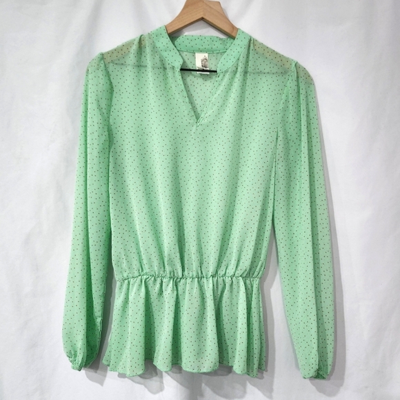 Mint Green Peplum Top Size‎ S Dots Popover Sheer Blouse Girlhoodcore Ruffle - Picture 1 of 6